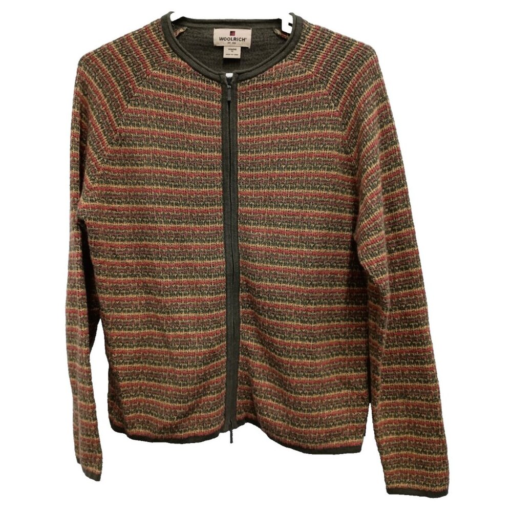 Woolrich Womens Zip Front Cardigan Medium Multi Striped Long Sleeve Casual